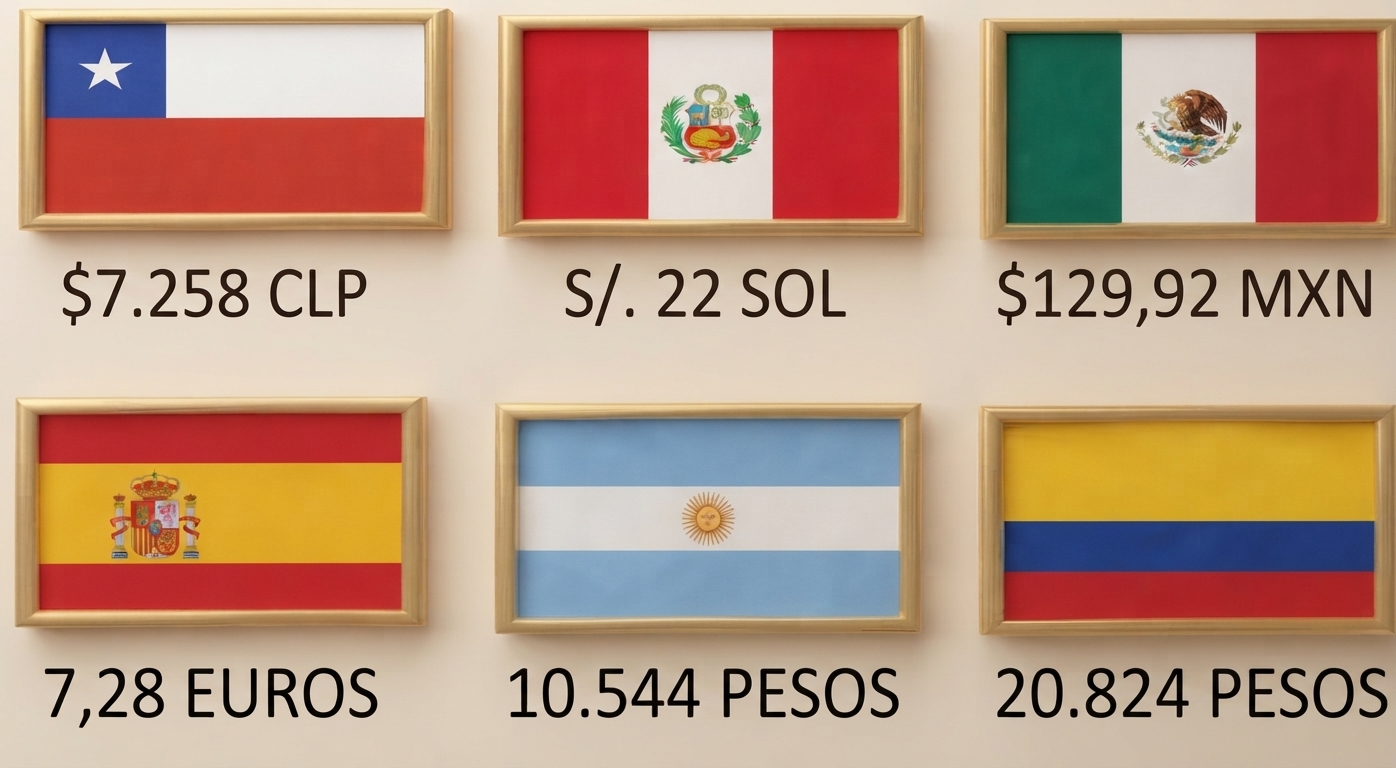 Precio de referencia en distintas monedas: Chile, Perú, México, España, Argentina y Colombia
