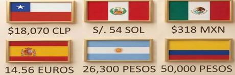 Precio de referencia en distintas monedas: Chile, Perú, México, España, Argentina y Colombia